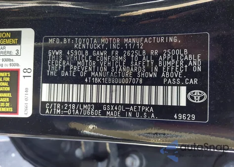 2013 Toyota Avalon Limited z USA, uszkodzony, nr VIN 4T1BK1EB8DU007078